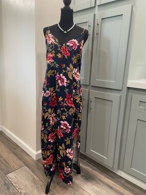 Old Navy Navy Floral Slip Maxi Dress with Pink & Red Blooms